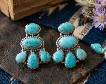 Genuine Turquoise Studs - 925 Sterling Silver Studs - Turquoise Statement Studs - Long Statement Studs -Irregular Shaped Turquoise Stud-Gift
