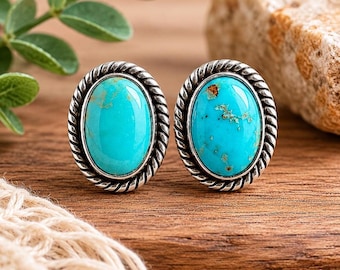 Oval Kingman 925 Solid Silver  Turquoise stud Earrings Turquoise and sterling silver blue Turquoise Earrings, boho jewelry