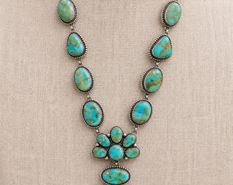 Natural Turquoise Naja Statement Necklace, Southwestern Sterling Silver Cluster Necklace, Native Style Heirloom Jewelry, Gift for Women