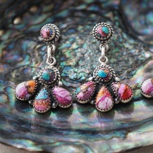 Spiny Oyster  Dangle Earrings, Southwestern Sterling Silver Cluster Earrings, Artisan Multi-Stone Jewelry, Bohemian Gift for Her