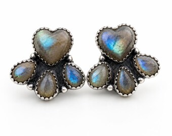 Labradorite Cluster Stud Earrings Sterling Silver Handmade Southwestern Jewelry, Boho Western Earrings