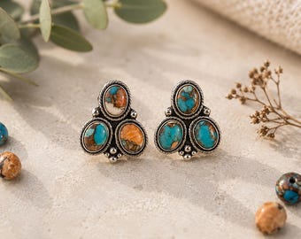 Turquoise Cluster Stud Earrings Sterling Silver Handmade Southwestern Jewelry, Boho Western Earrings