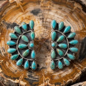 Genuine  Turquoise Cluster Dangle Stud – Western Statement Jewelry, Antique Silver Boho Cowgirl Style