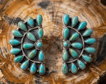 Genuine  Turquoise Cluster Dangle Stud – Western Statement Jewelry, Antique Silver Boho Cowgirl Style