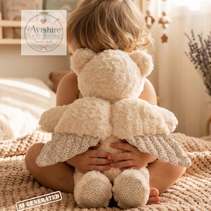 May include: A cream-coloured plush teddy bear featuring soft, textured fur, a pair of fabric wings with a small floral pattern, and matching floral fabric accents on the soles of its feet. The bear is held in a seated position with its back visible.