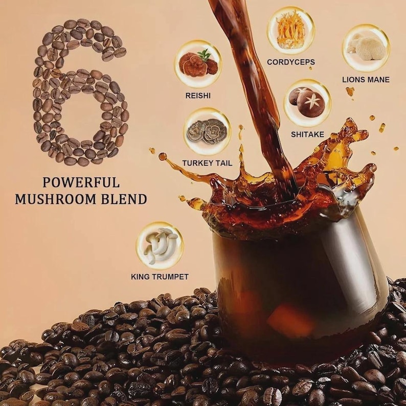 K&ouml;nnte beinhalten: Eine Kaffeemischung mit einer kraftvollen Pilzmischung. Die Zahl 6 wird aus Kaffeebohnen gebildet. Der Text lautet "Powerful Mushroom Blend". Das Bild zeigt Kaffee, der in ein Glas gegossen wird, mit Pilzen wie Reishi, Cordyceps und Lion's Mane.