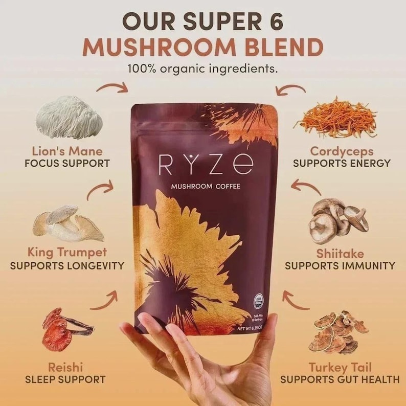 K&ouml;nnte beinhalten: Eine Produktverpackung f&uuml;r RYZE Mushroom Coffee, eine Mischung aus sechs Bio-Pilzen. Das Bild zeigt die Verpackung in einer Hand, mit Illustrationen von L&ouml;wenm&auml;hne, Cordyceps, King Trumpet, Shiitake, Reishi und Turkey Tail, mit Text, der ihre Vorteile angibt.