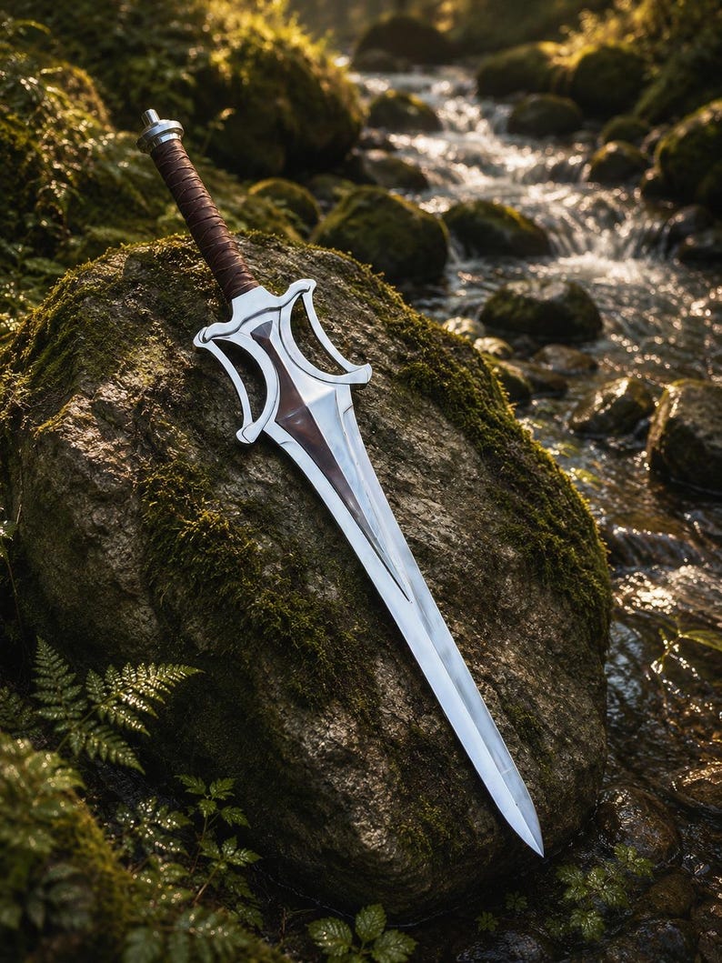 May include: A double-edged sword with a polished silver metal blade, a dark brown leather-wrapped handle, and a decorative silver crossguard featuring a central dark brown inlay that extends down the centre of the blade towards the pointed tip.