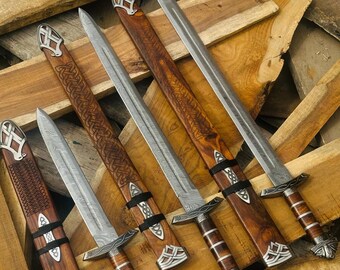 Handmade Damascus Viking Sword Replica: Ash Wood Handle, Nordic Display Décor