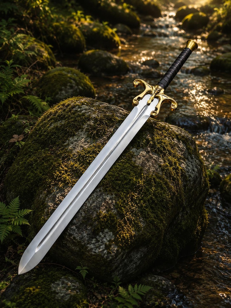 May include: A long sword with a polished silver-coloured steel blade, a gold-toned metal crossguard featuring ornate scrollwork, and a black leather-wrapped handle with a flared pommel, resting against a moss-covered rock in a natural setting.