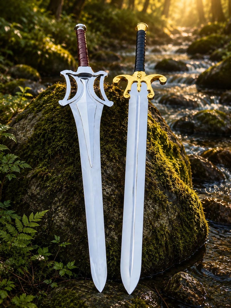 May include: Two metal swords with pointed blades. The left sword has a silver guard and a brown wrapped handle. The right sword features a gold-coloured guard with curved accents and a black wrapped handle. Both blades are polished and reflective.