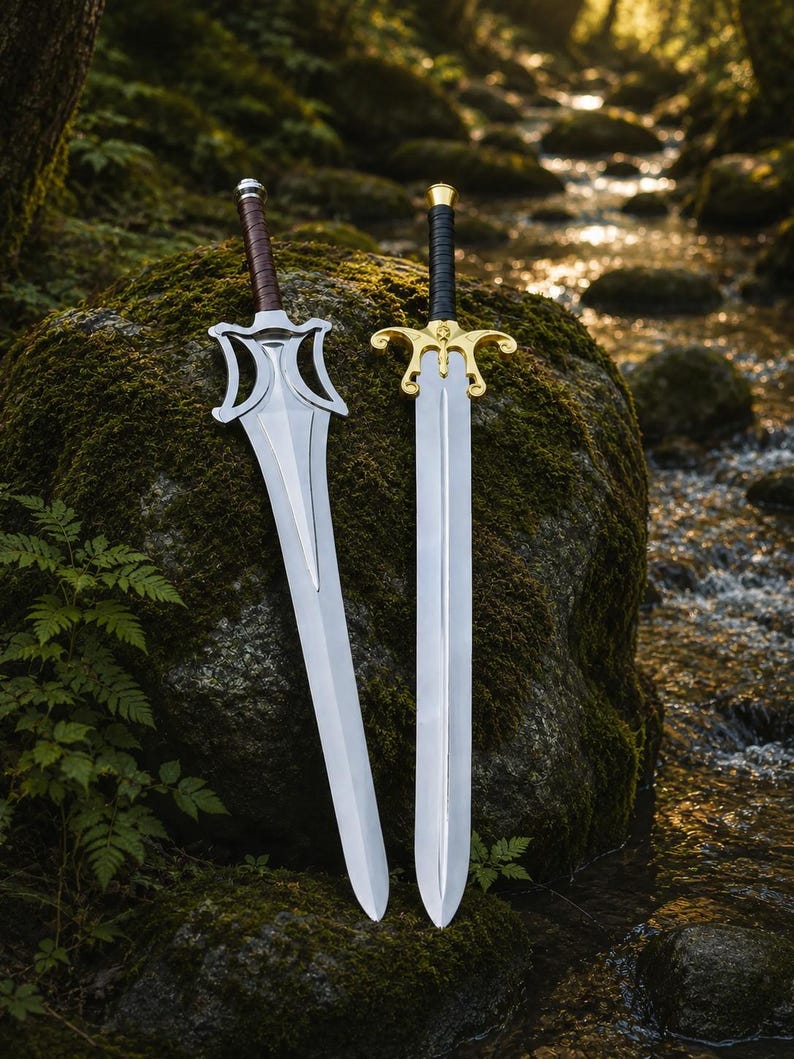 May include: Two swords with metallic blades. The left sword features a silver-toned guard with a brown leather-wrapped handle. The right sword has a gold-toned guard with a black handle. Both blades are pointed and have a central ridge.