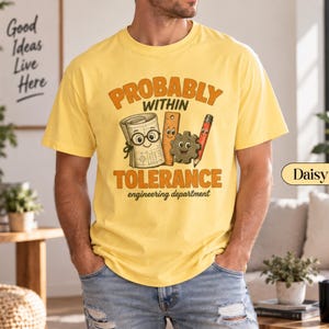 Könnte beinhalten: Ein gelbes T-Shirt mit einer Grafik, die den Text "PROBABLY WITHIN TOLERANCE engineering department" sowie Cartoon-Illustrationen einer Planrolle, eines Lineals, eines Zahnrads und eines Stifts mit lächelnden Gesichtern und Brillen zeigt.