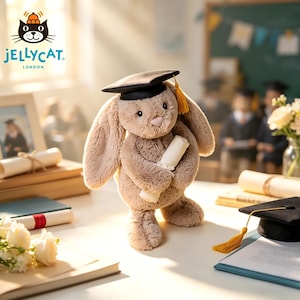 Puede incluir: Un conejito de peluche con birrete y borla dorada, sosteniendo un diploma enrollado. El conejito es de color marr&oacute;n claro con orejas largas y nariz rosa. El logotipo de Jellycat London es visible. Otros art&iacute;culos de graduaci&oacute;n est&aacute;n sobre la mesa.