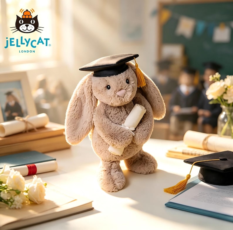 Puede incluir: Un conejito de peluche con birrete y borla dorada, sosteniendo un diploma enrollado. El conejito es de color marr&oacute;n claro con orejas largas y nariz rosa. El logotipo de Jellycat London es visible. Otros art&iacute;culos de graduaci&oacute;n est&aacute;n sobre la mesa.