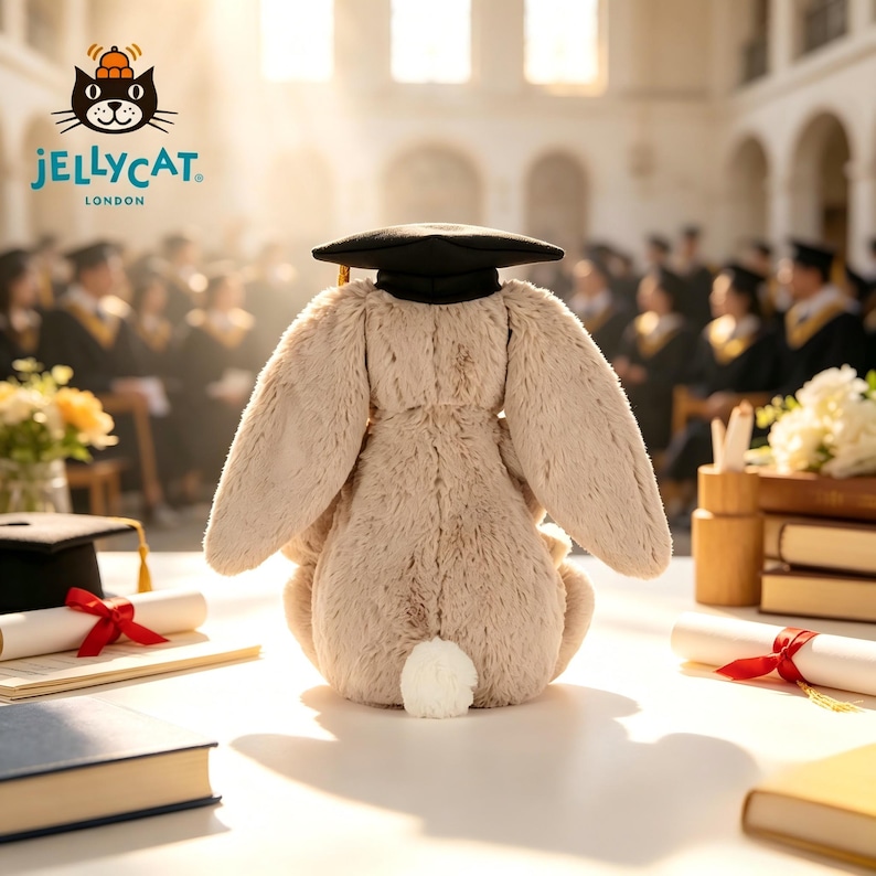 Puede incluir: Un peluche de conejo beige con birrete negro, visto desde atr&aacute;s. El conejo tiene orejas largas y una cola esponjosa. El logo de Jellycat es visible. Libros y diplomas sobre la mesa, con graduados al fondo.