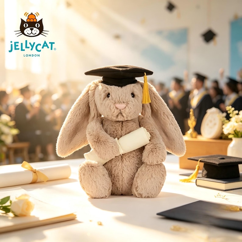 Puede incluir: Un conejito de peluche con birrete negro y borla dorada, sosteniendo un diploma enrollado. El conejito es de color marr&oacute;n claro con orejas largas. El logotipo de Jellycat London es visible. El fondo muestra una ceremonia de graduaci&oacute;n.