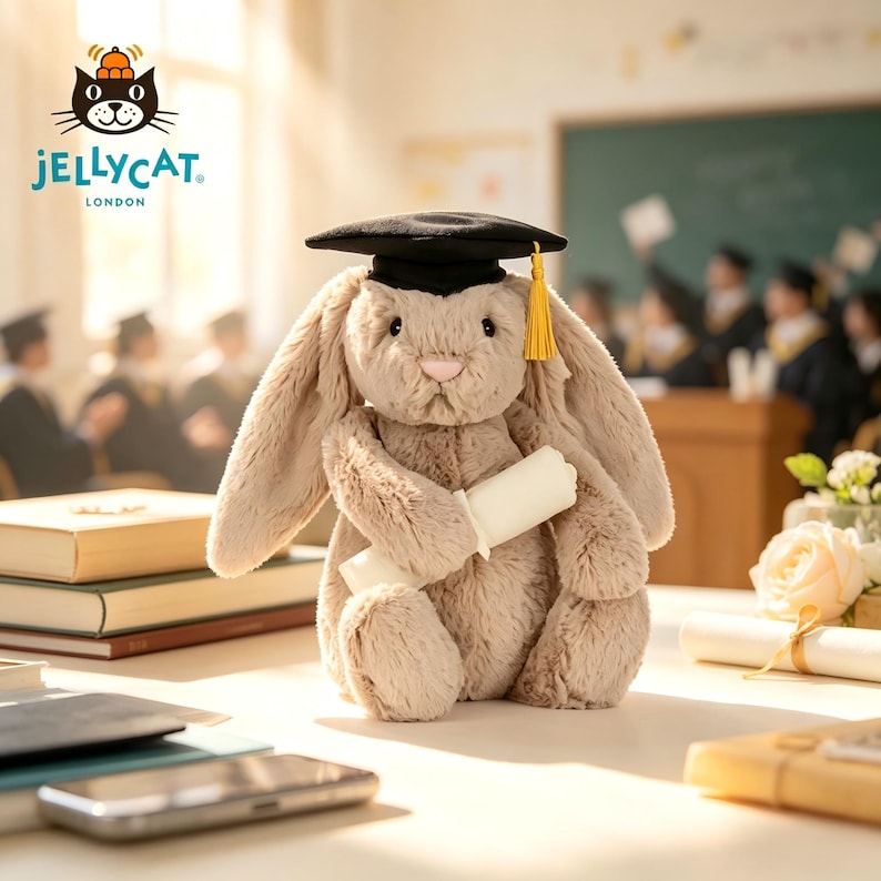 Puede incluir: Un peluche de conejo marr&oacute;n claro con birrete negro y borla dorada, sosteniendo un diploma enrollado. El fondo muestra una ceremonia de graduaci&oacute;n borrosa.