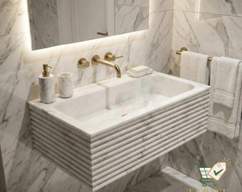 Marble Vessel Sink, Rectangular White Stone (Polished Above-Counter Basin)