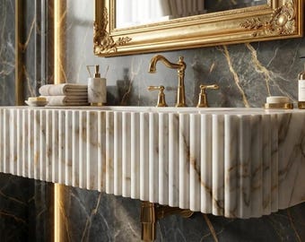 Calacatta Gold Marble Sink: Ribbed Front, Wall Mounted Vanity