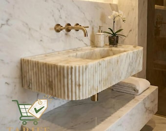 Marble Vessel Sink: Calacatta Gold with Grooved Front (Natural Stone)