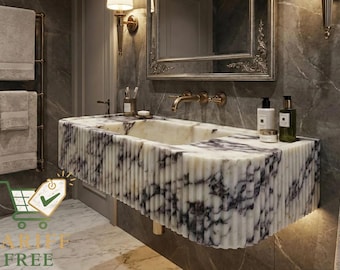 Marble Bathroom Sink: Calacatta Viola Fluted Design - Wall Mounted