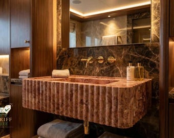 Red Marble Bathroom Sink - Handcarved Vessel Basin with Faucet Holes