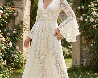 Ivory Lace Bell Sleeve Maxi Bridal Gown, Romantic Boho Vintage Style Dress