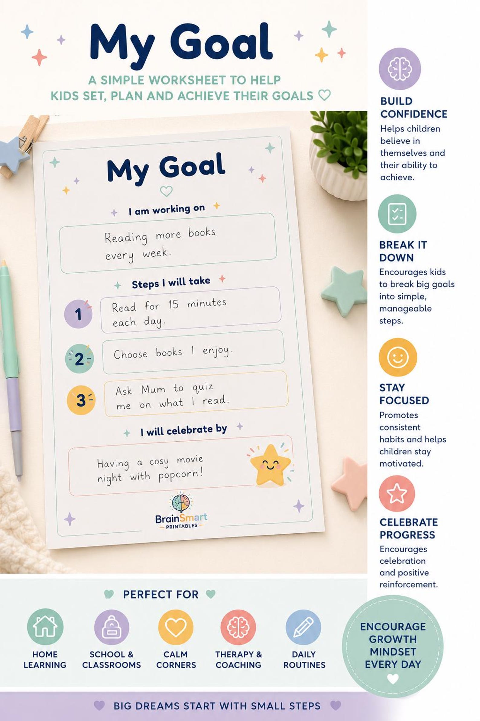 Asd Goals Kids Goal Setting Worksheet | ADHD Autism Friendly Growth Mindset ...