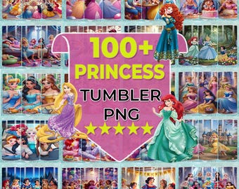 Paquete de más de 100 diseños PNG para vasos de princesas, vaso delgado PNG de 20 oz, vaso floral de princesa de dibujos animados, paquete PNG de princesas, diseños PNG para vasos