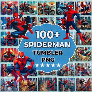 Puede incluir: Un collage de im&aacute;genes de Spider-Man en diversas poses de acci&oacute;n. En el centro, un texto "100+ SPIDERMAN TUMBLER PNG" sobre un fondo azul con cinco estrellas. Las im&aacute;genes son principalmente rojas, azules y negras.
