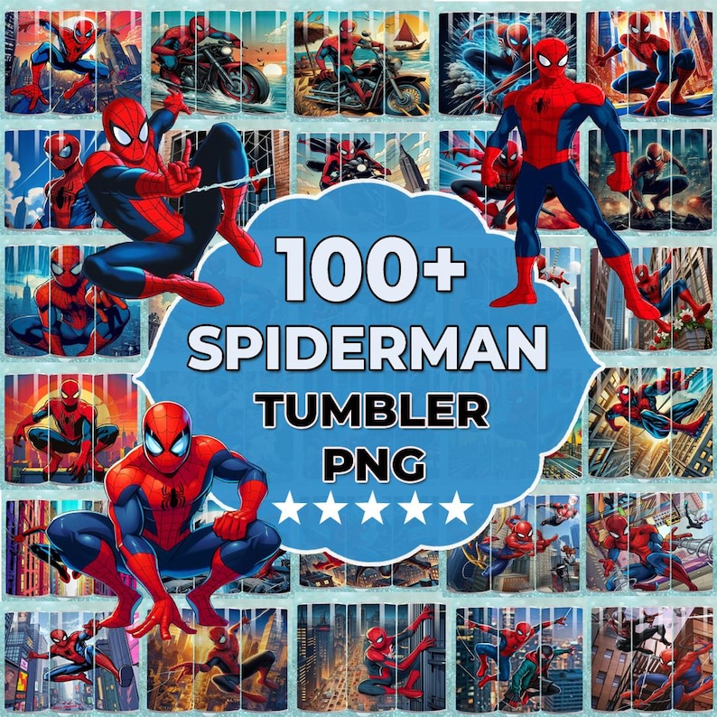 Puede incluir: Un collage de im&aacute;genes de Spider-Man en diversas poses de acci&oacute;n. En el centro, un texto "100+ SPIDERMAN TUMBLER PNG" sobre un fondo azul con cinco estrellas. Las im&aacute;genes son principalmente rojas, azules y negras.