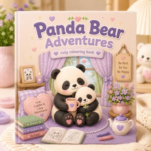 以下が含まれることがあります： 「Panda Bear Adventures」というタイトルの、居心地の良いテーマの子供向け塗り絵。表紙にはパンダの家族、ティーカップ、ティーポットが描かれています。本には「Be Kind, Be You, Be Happy」というテキストが含まれています。