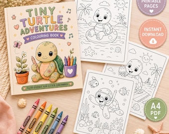 以下が含まれることがあります： Tiny Turtle Adventuresというタイトルの塗り絵ブックと亀のイラスト、3枚の白黒塗り絵ページ、6本のクレヨン。円形のバッジには、10枚の印刷可能なページとA4 PDF形式であることが示されています。