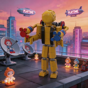 May include: A yellow block-constructed robot figure with red and blue accents on its hands, standing on a rooftop. The scene includes small glowing character figurines, two satellite dishes with character graphics, and two blimps labeled PLAYTIME.