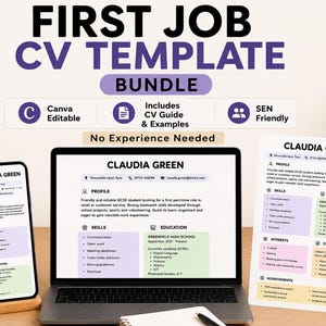 May include: A digital CV template bundle with the text "FIRST JOB CV TEMPLATE BUNDLE". The image shows a laptop, smartphone, and printed CV, all displaying a resume template. The bundle includes a CV guide and examples.