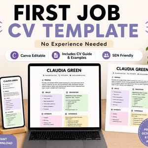 Puede incluir: Una plantilla de CV titulada "FIRST JOB CV TEMPLATE" con el texto "No Experience Needed". La imagen muestra una computadora portátil, un teléfono y un CV impreso, todos mostrando una plantilla de currículum. La plantilla incluye secciones para perfil, habilidades, educación, intereses y experiencia.