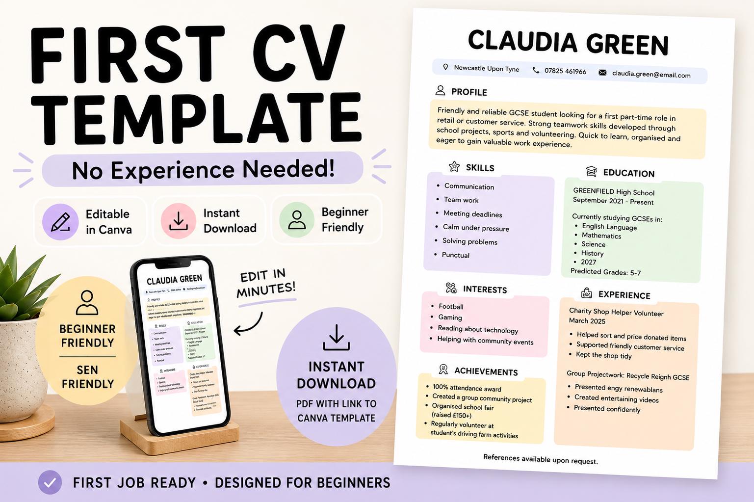 GCSE First Job CV Template | Canva Editable for Teenagers (digital ...