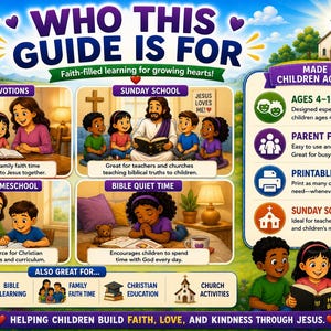 Peut inclure: Un guide illustr&eacute; color&eacute; intitul&eacute; &laquo;&nbsp;Pour qui ce guide est-il destin&eacute;&nbsp;&raquo; avec du texte et des images sur l'apprentissage religieux pour les enfants. Le guide comprend des sections sur les d&eacute;votions familiales, l'&eacute;cole du dimanche et l'&eacute;cole &agrave; la maison chr&eacute;tienne.
