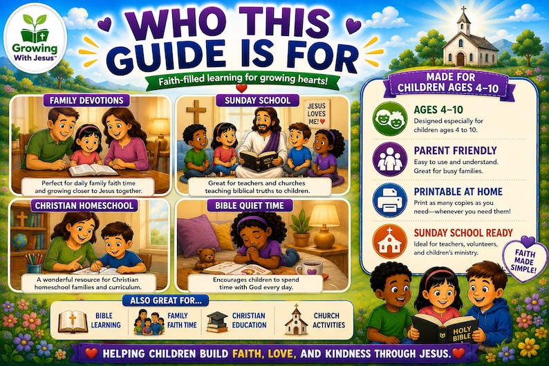 Peut inclure: Un guide illustr&eacute; color&eacute; intitul&eacute; &laquo;&nbsp;Pour qui ce guide est-il destin&eacute;&nbsp;&raquo; avec du texte et des images sur l'apprentissage religieux pour les enfants. Le guide comprend des sections sur les d&eacute;votions familiales, l'&eacute;cole du dimanche et l'&eacute;cole &agrave; la maison chr&eacute;tienne.