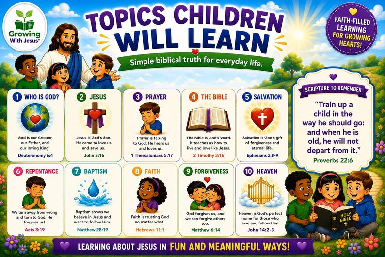 Peut inclure: Affiche &eacute;ducative color&eacute;e intitul&eacute;e "Topics Children Will Learn" avec des illustrations sur J&eacute;sus et les enseignements bibliques. Comprend du texte comme "Qui est Dieu ?" et "La Bible". Avec des enfants et J&eacute;sus.