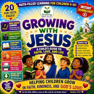 Peut inclure: Couverture color&eacute;e d'un livre pour enfants intitul&eacute; "Growing With Jesus". L'image pr&eacute;sente J&eacute;sus avec des enfants, une &eacute;glise et du texte sur l'apprentissage de la foi, des activit&eacute;s et des le&ccedil;ons bibliques.