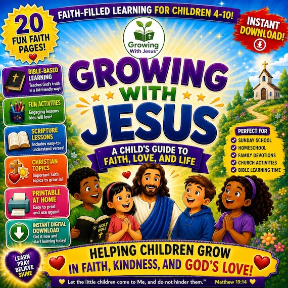 Growing With Jesus Kids Bible Study Printable | Christian Activity Book for Kids Ages 4-10 | Sunday School Homeschool PDF Download