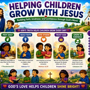 Peut inclure: Une affiche color&eacute;e intitul&eacute;e &laquo; Aider les enfants &agrave; grandir avec J&eacute;sus &raquo;. L'image pr&eacute;sente des enfants, J&eacute;sus et une &eacute;glise, avec du texte promouvant la foi, la gentillesse et la confiance. Elle comprend des versets bibliques et un guide pour les enfants.