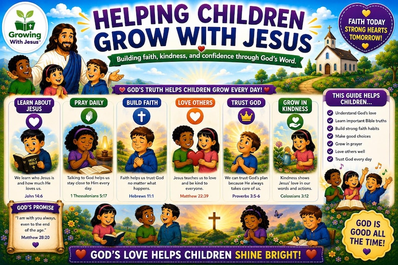 Peut inclure: Une affiche color&eacute;e intitul&eacute;e &laquo; Aider les enfants &agrave; grandir avec J&eacute;sus &raquo;. L'image pr&eacute;sente des enfants, J&eacute;sus et une &eacute;glise, avec du texte promouvant la foi, la gentillesse et la confiance. Elle comprend des versets bibliques et un guide pour les enfants.