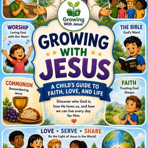 Peut inclure: Une couverture de livre pour enfants color&eacute;e intitul&eacute;e "Growing With Jesus". L'image pr&eacute;sente des illustrations de J&eacute;sus, d'enfants et de symboles religieux. Le texte comprend "A Child's Guide to Faith, Love, and Life" et "By William Saunders Sr."