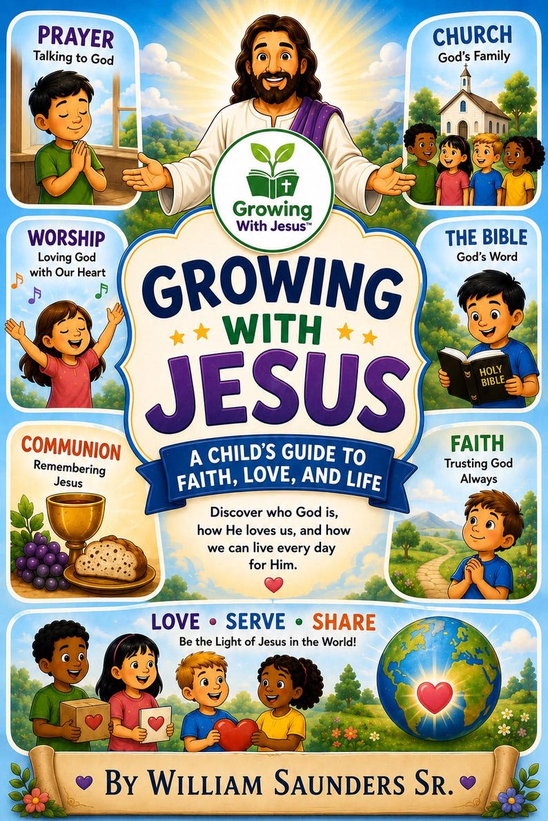 Peut inclure: Une couverture de livre pour enfants color&eacute;e intitul&eacute;e "Growing With Jesus". L'image pr&eacute;sente des illustrations de J&eacute;sus, d'enfants et de symboles religieux. Le texte comprend "A Child's Guide to Faith, Love, and Life" et "By William Saunders Sr."
