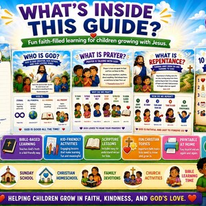 Peut inclure: Un guide &eacute;ducatif color&eacute; intitul&eacute; &laquo;&nbsp;What's Inside This Guide&nbsp;?&nbsp;&raquo; avec le texte &laquo;&nbsp;Fun faith-filled learning for children growing with Jesus&nbsp;&raquo;. Le guide comprend des sections sur la foi, la pri&egrave;re et les Dix Commandements, avec des illustrations.