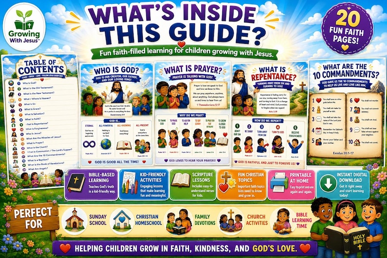 Peut inclure: Un guide &eacute;ducatif color&eacute; intitul&eacute; &laquo;&nbsp;What's Inside This Guide&nbsp;?&nbsp;&raquo; avec le texte &laquo;&nbsp;Fun faith-filled learning for children growing with Jesus&nbsp;&raquo;. Le guide comprend des sections sur la foi, la pri&egrave;re et les Dix Commandements, avec des illustrations.