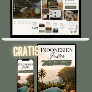 May include: A digital travel guide and packing list for Indonesia, displayed on a laptop, tablet, and smartphone. The guide features scenic photos of Bali, Java, and Komodo, with text in German. The word "GRATIS" is also visible.
